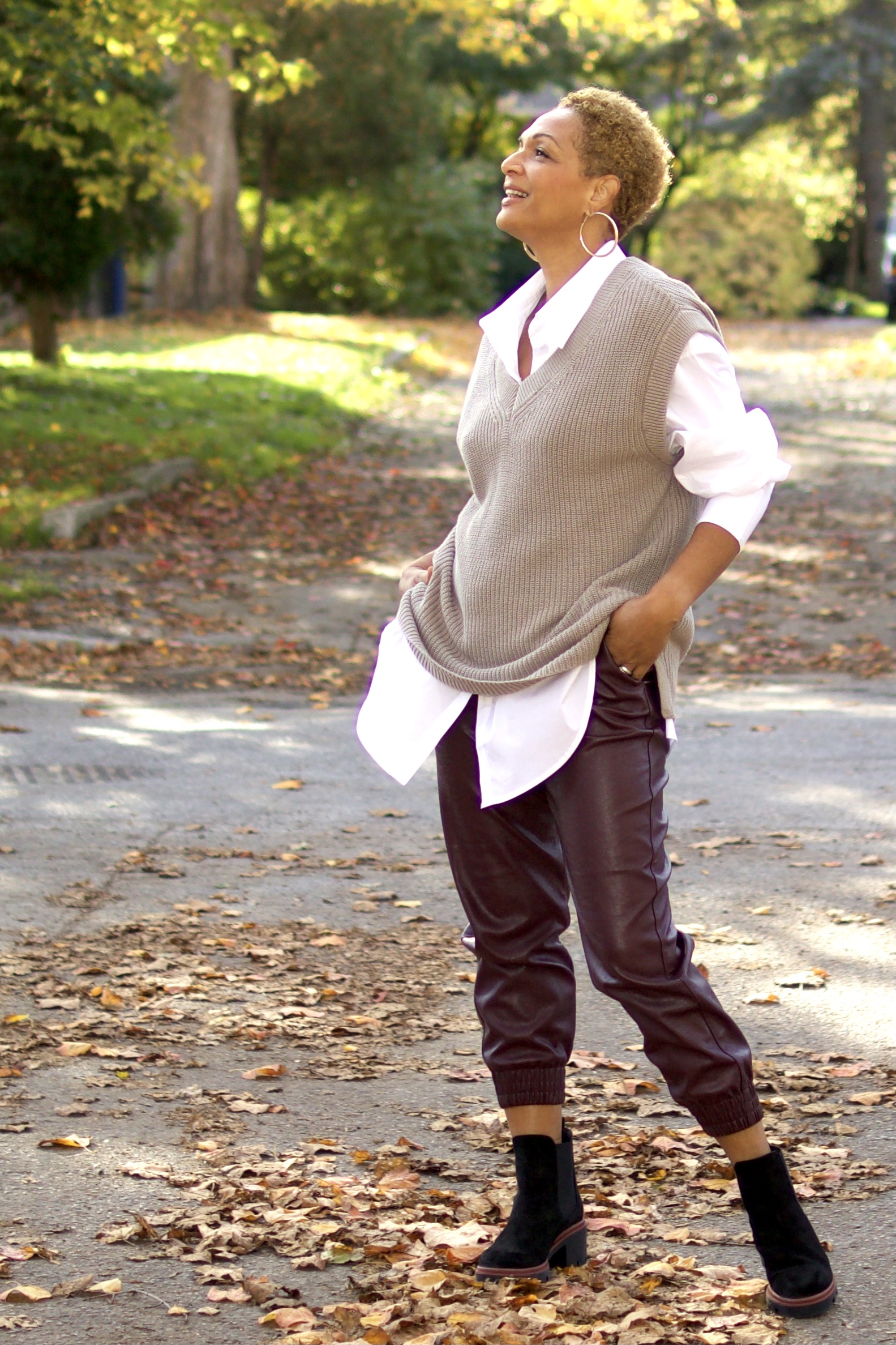 leather jogger white shirt vest